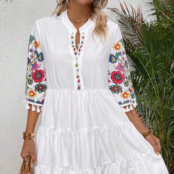 White Boho Women's Floral Patchwork Print Notched Neckline Ruffle Hem Dress - Picture 4 of 7